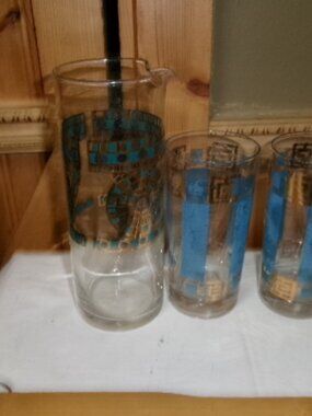 vtg Culver Sorrento Aztec cocktail mixer with two atomic hi ball glasses